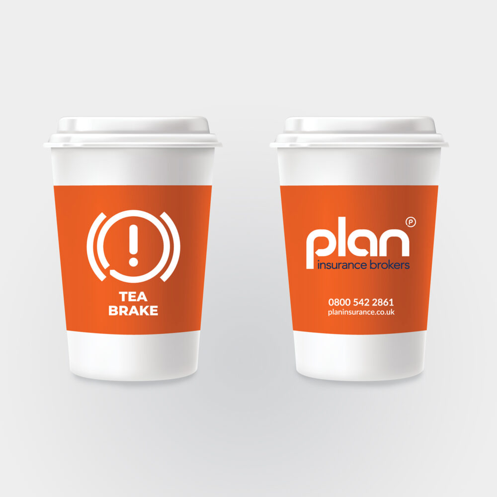 Visual of takeaway cups with the Plan logo and contact details on one side and an illustration of a dashboard warning icon with the word 'tea brake'