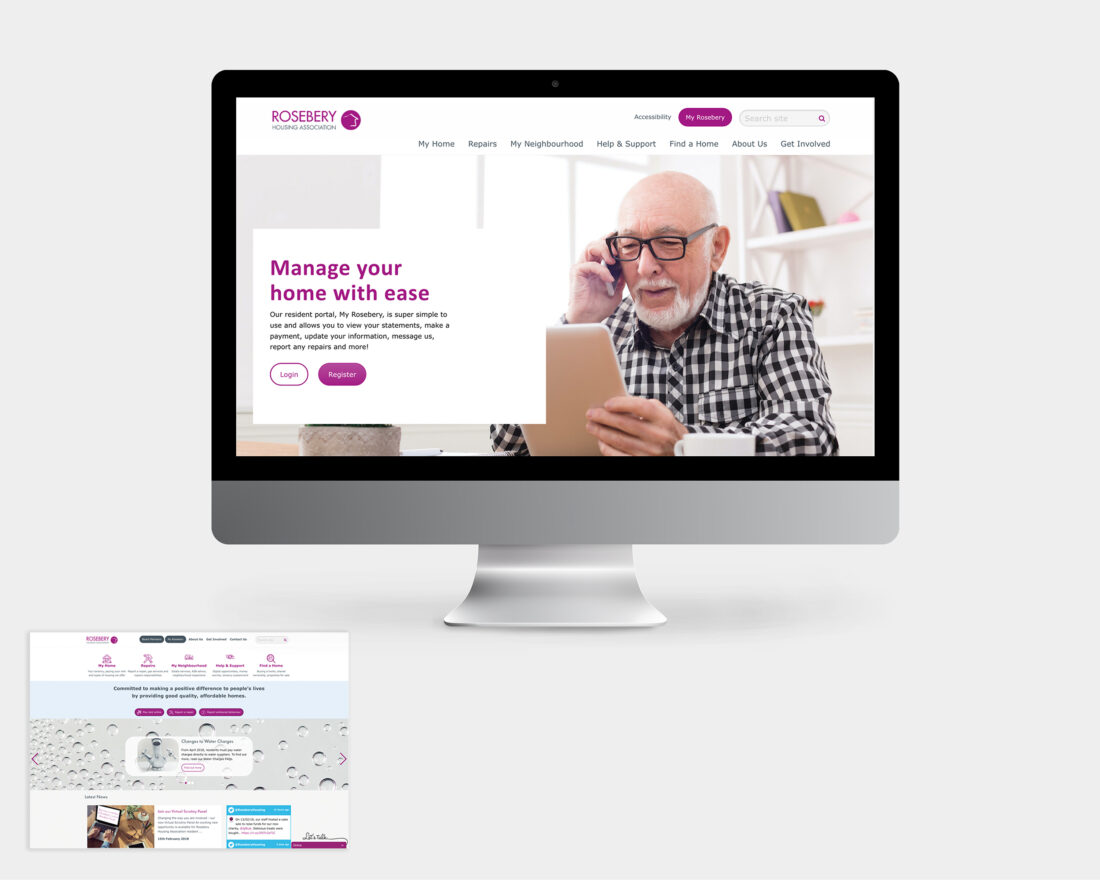 Desktop computer showing the new Rosebery Housing website homepage. Below, is the previous homepage with several rows of menus and buttons.