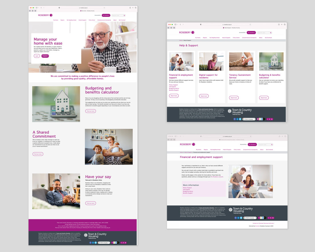 Pages from the new Rosebery website, featuring a simpler layout and one single menu