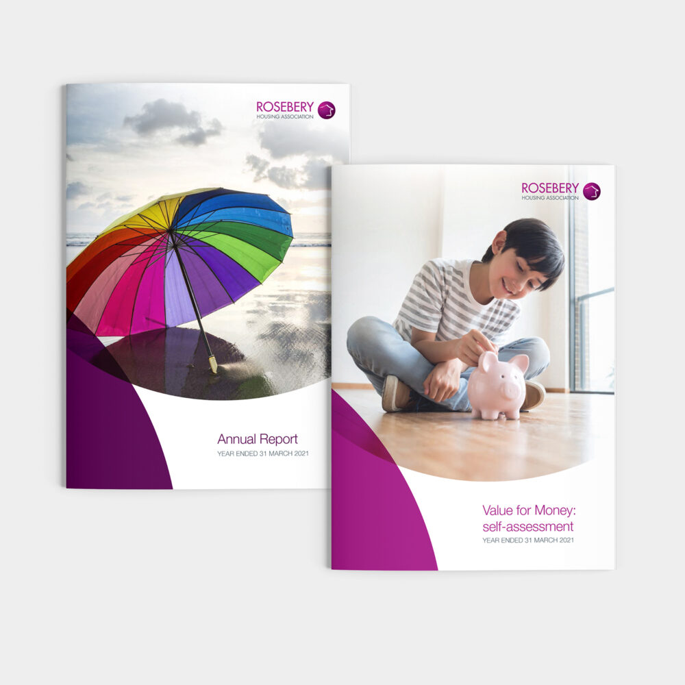 Front covers of Rosebery financial reports. On the left, the annual report - image of a bright multi-coloured umbrella on a beach. On the right, the Value for Money report - image of a smiling boy adding coins to a porcelain pig money box