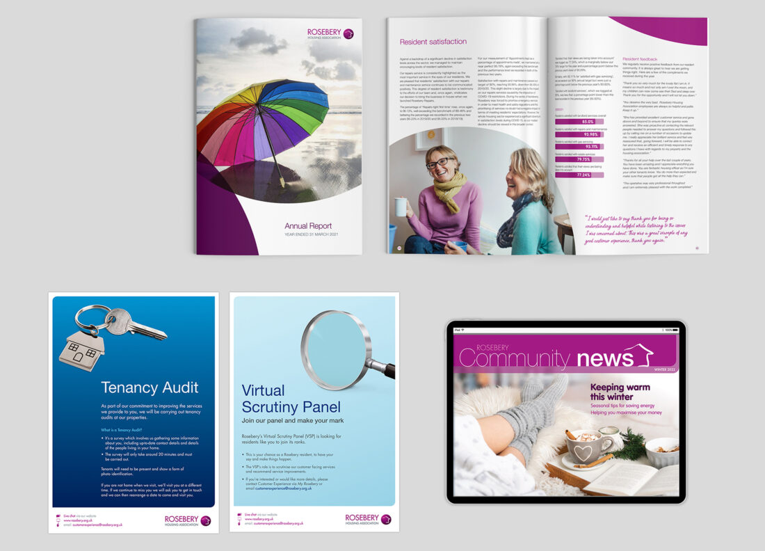 Examples of the updated brand including the cover and inside pages of their annual report, resident posters and an iPad screen showing their resident newsletter