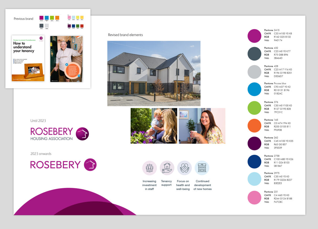 Page showing Rosebery's previous brand with new brand elements including colour palette, images and graphics