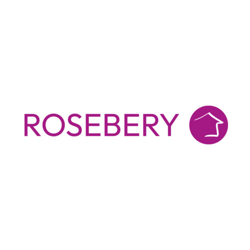 Logo for Rosebery Housing. Rosebery is written in fuchsia pink capitals. On the right, there is a circle marque with a stylised icon of a house in white.