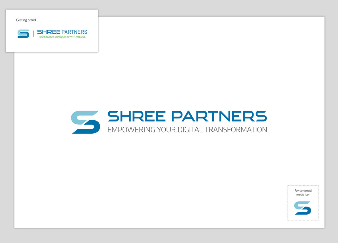 Shree Partners revised logo. Shree Partners is written in upper case in a modern, sans-serif typeface. To the left, a 'S' of the same typeface is sliced diagonally with the top half in light blue and the bottom half in mid-blue.