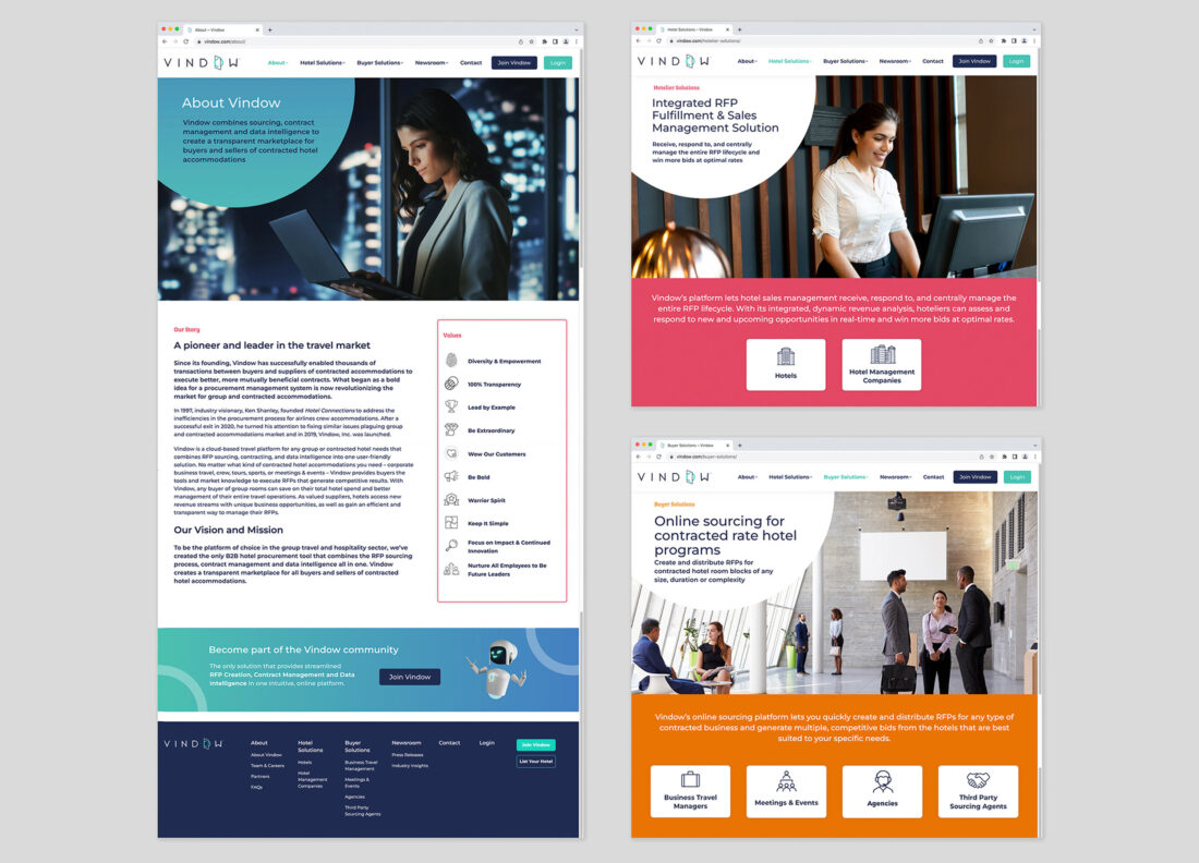 Website pages for Vindow. Shows the About page, main hotelier page and main group buyer page.