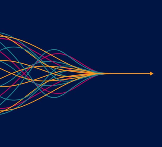 Illustrated graphic of many multicoloured wavy lines joining to one single line with an arrow