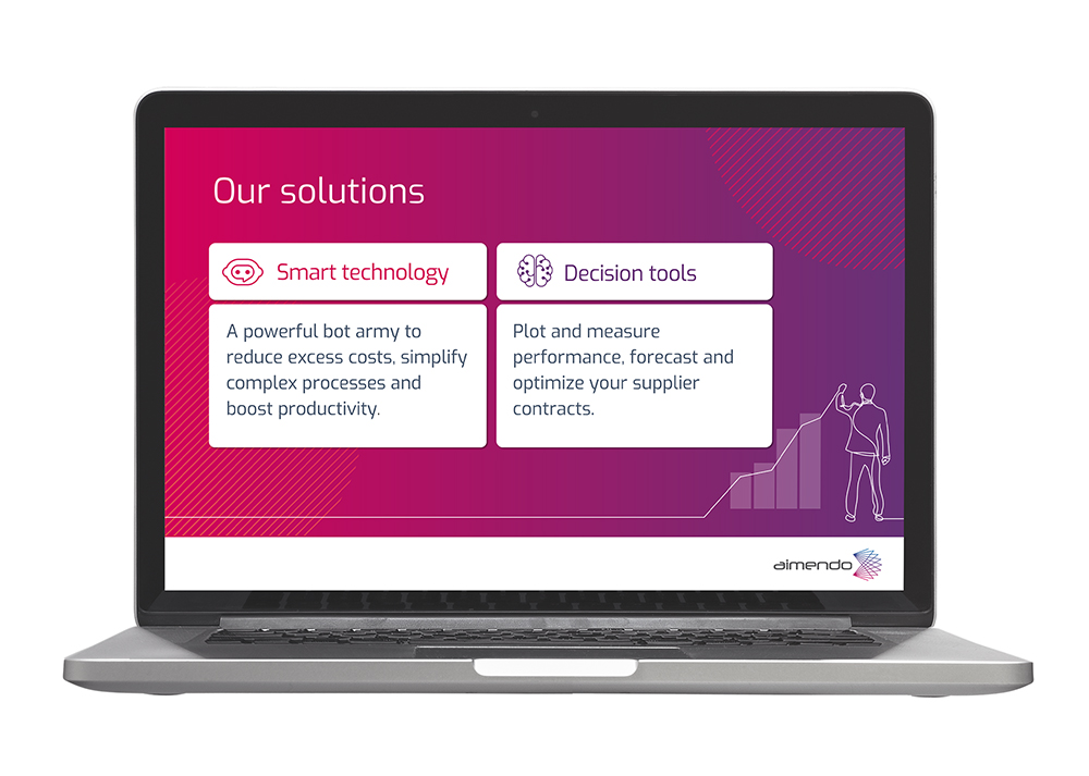 A laptop screen with a presentation about AI solutions. The background is a bold red to purple gradient with a line drawing of a man drawing a bar graph
