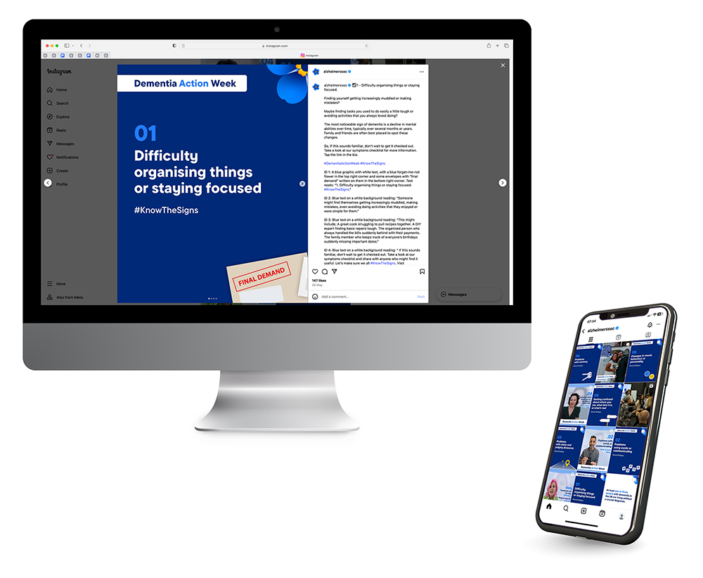 A desktop screen shows a social media post for the Alzheimer's Society Dementia Action Week. Also shown is a mobile phone screen displaying a grid of posts.