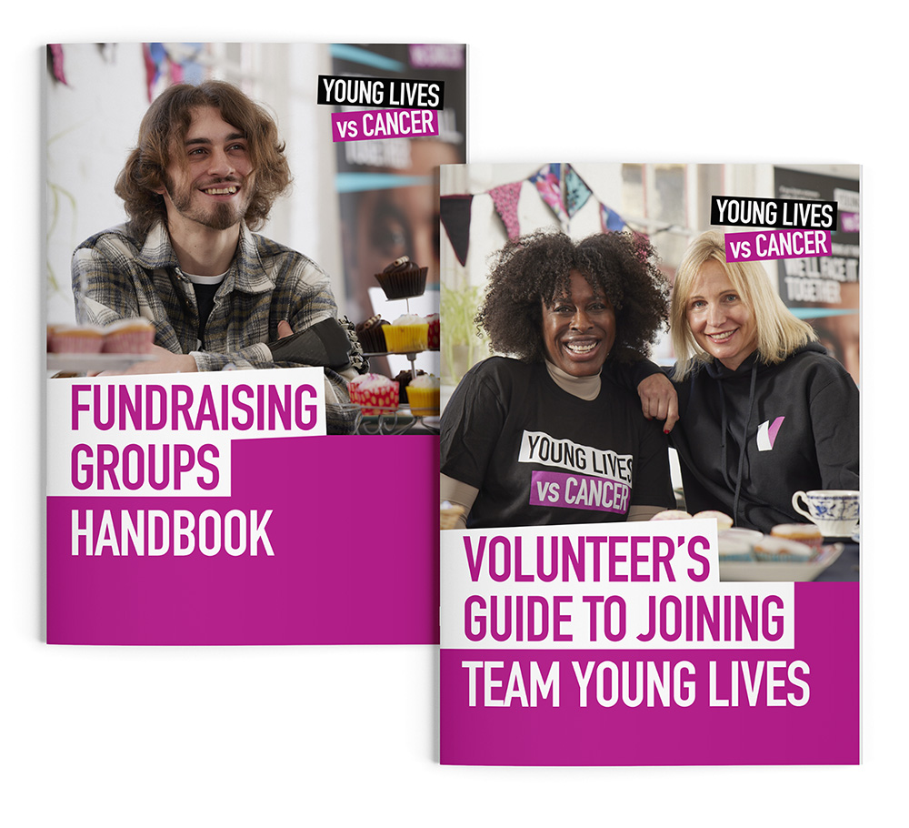 Two guides for Young Lives Vs Cancer, featuring images of smiling volunteers. One is for fundraising groups, the other is for single volunteers.